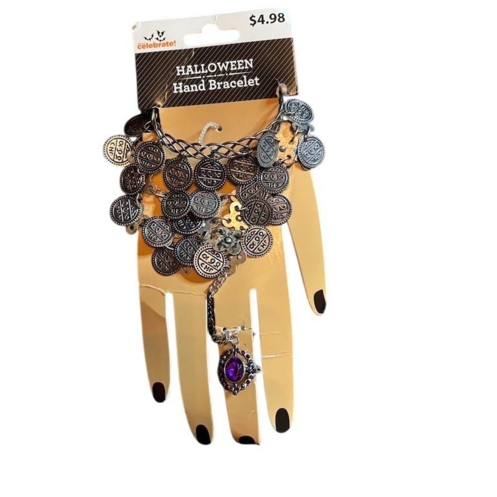 Celebrate! Halloween Slave Bracelet Hand Chain w/ Coin Charms Purple Ring Gypsy